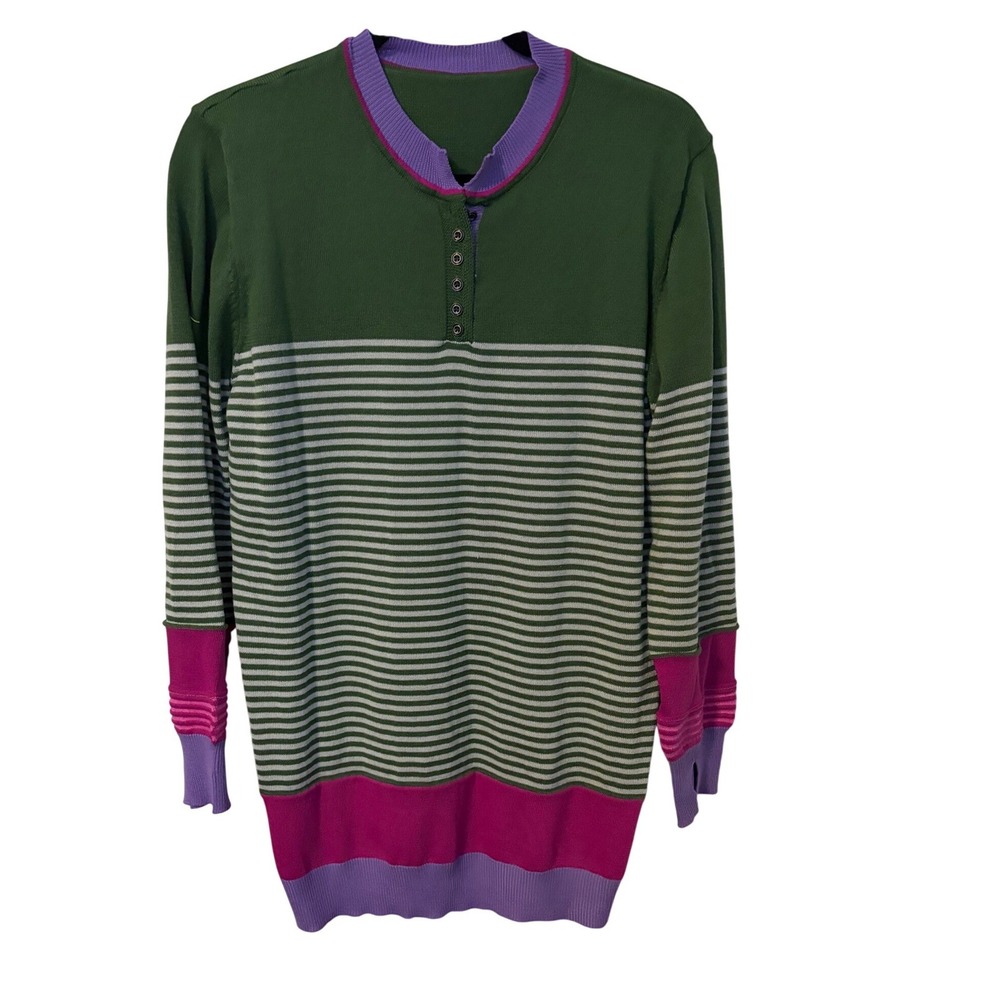 Womens Striped Long Sleeve Henley Sweater Green Purple Pink‎ XL